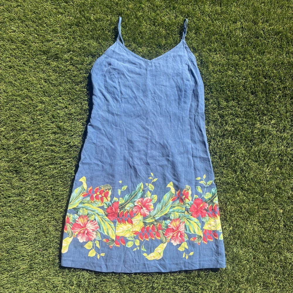 Vintage 90s Honolua Surf Co Sun Dress Size Large Floral Blue Tropical 100% Silk